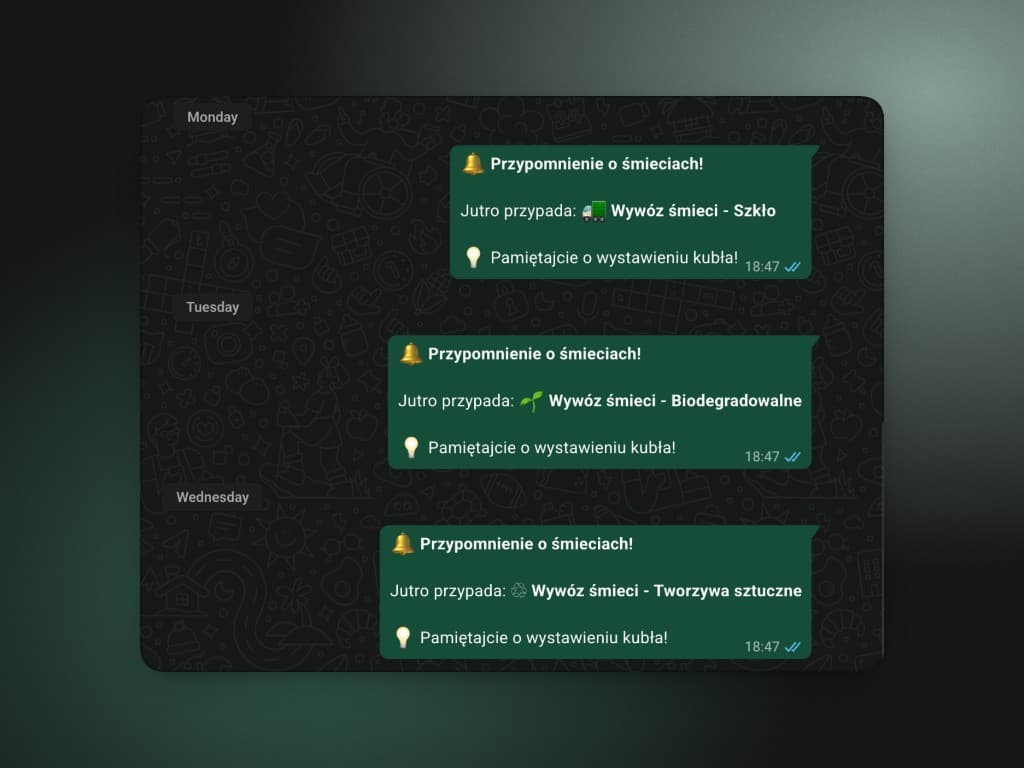 WhatsApp group chat showing automated daily waste collection reminders in Polish for glass, biodegradable, and plastic pickup